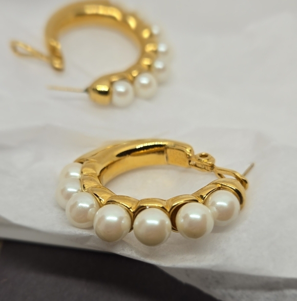 Monet Gold Tone Pearl Hoop Earrings - Picture 10 of 16